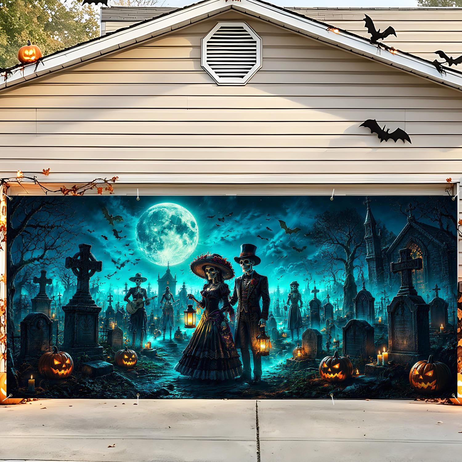 Halloween Garage Door Decorations 6 x 13 ft, Skeleton Grave Cover