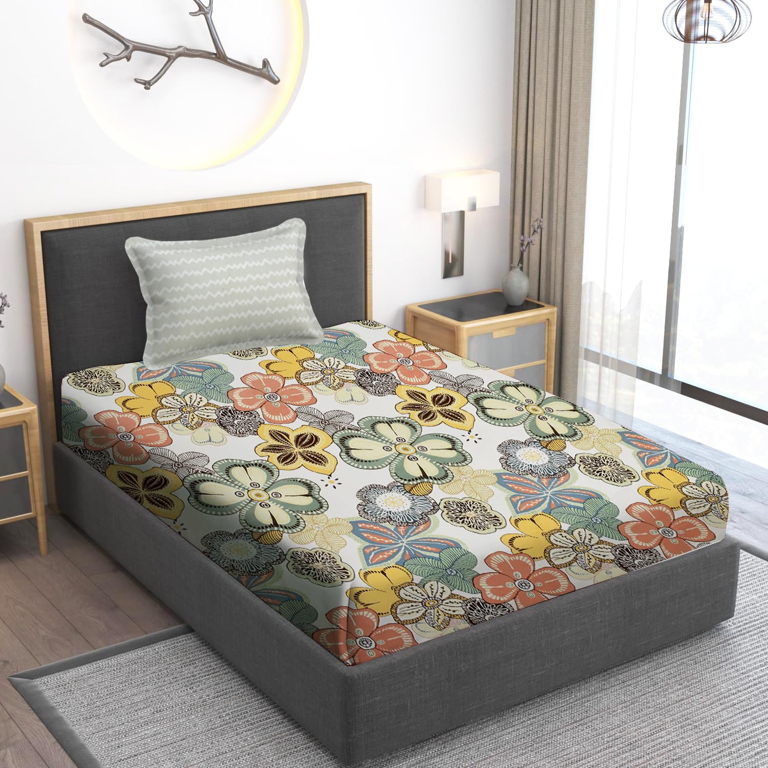 Home Stylish 280 TC Floral Print Ezyption Cotton 1 Single Bedsheet with 1 Pillow Cover Grey Valley