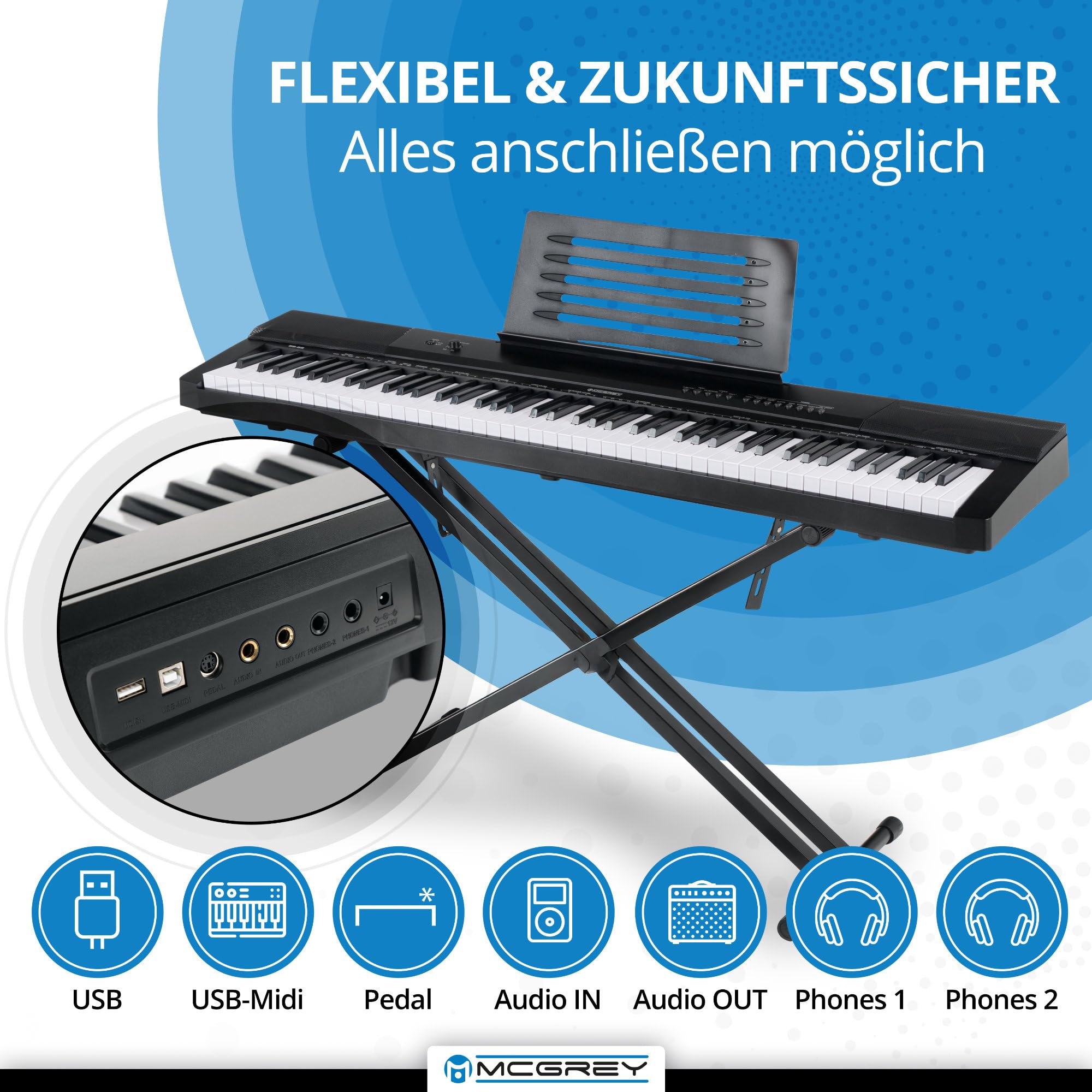 McGrey SK-88 Keyboard Super Kit - Einsteiger-Keyboard in Stagepiano-Optik mit 88 Tasten - 146 Klänge - inklusive Sustain-Pedal, Keyboardständer, Hocker und Kopfhörer - schwarz