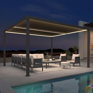 PURPLE LEAF Pergola 3.65 x 4.25 m LED Streifen Entwässerungssystem, Grau | LED-Lichtband, Schattenkomfort, Regenschutz, Sturmfeste Verankerung, Integriertes Pfosten-Entwässerungssystem, Jedem Wetter