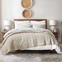 HORIMOTEHOME 100% Cotton Queen Quilt Set Beige - Pre-Washed 3-Piece Lightweight Bedspread Coverlet with Geometric Shams All-Season