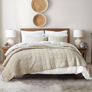 HORIMOTEHOME 100% Cotton Queen Quilt Set Beige - Pre-Washed 3-Piece Lightweight Bedspread Coverlet with Geometric Shams All-Season