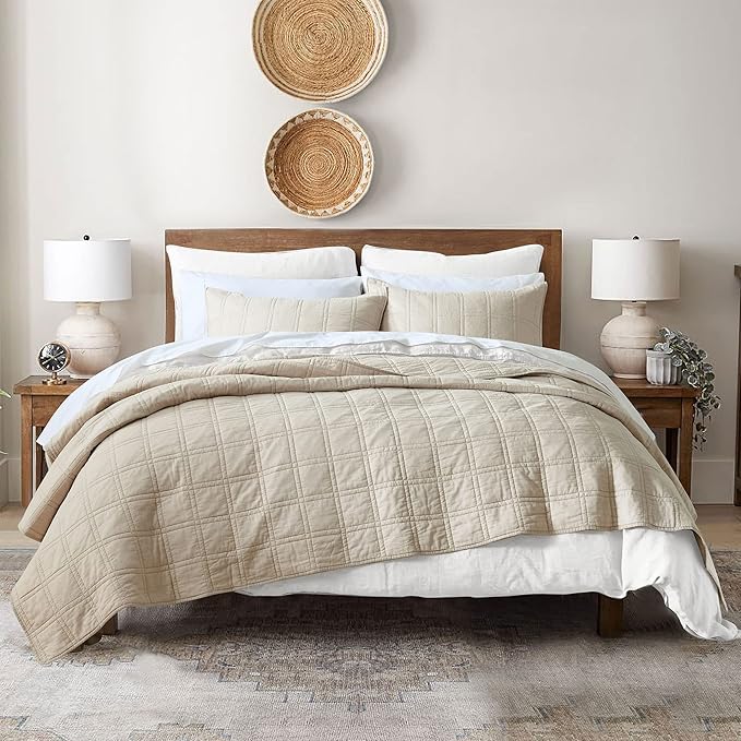 HORIMOTE HOME 100% Cotton Quilt King Size Beige Bedspread, Pre-Washed 3-Piece Cozy Lightweight Stitching Decorative Bedding Cover Coverlet Set with 2 Shams in Geometric Pattern for All Season