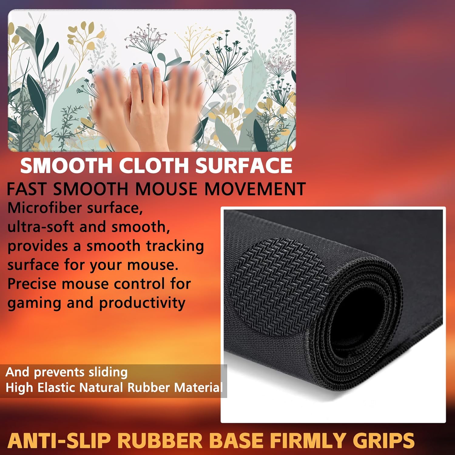 Desk Mat, Green Gold Plant Leaves Desk Pad, Wildflowers Large Gaming Mouse Pad for Desk, 31.5"x15.7" Extended Big Computer Keyboard Mouse Pad with Non-Slip Base and Stitched Edge - Image 3