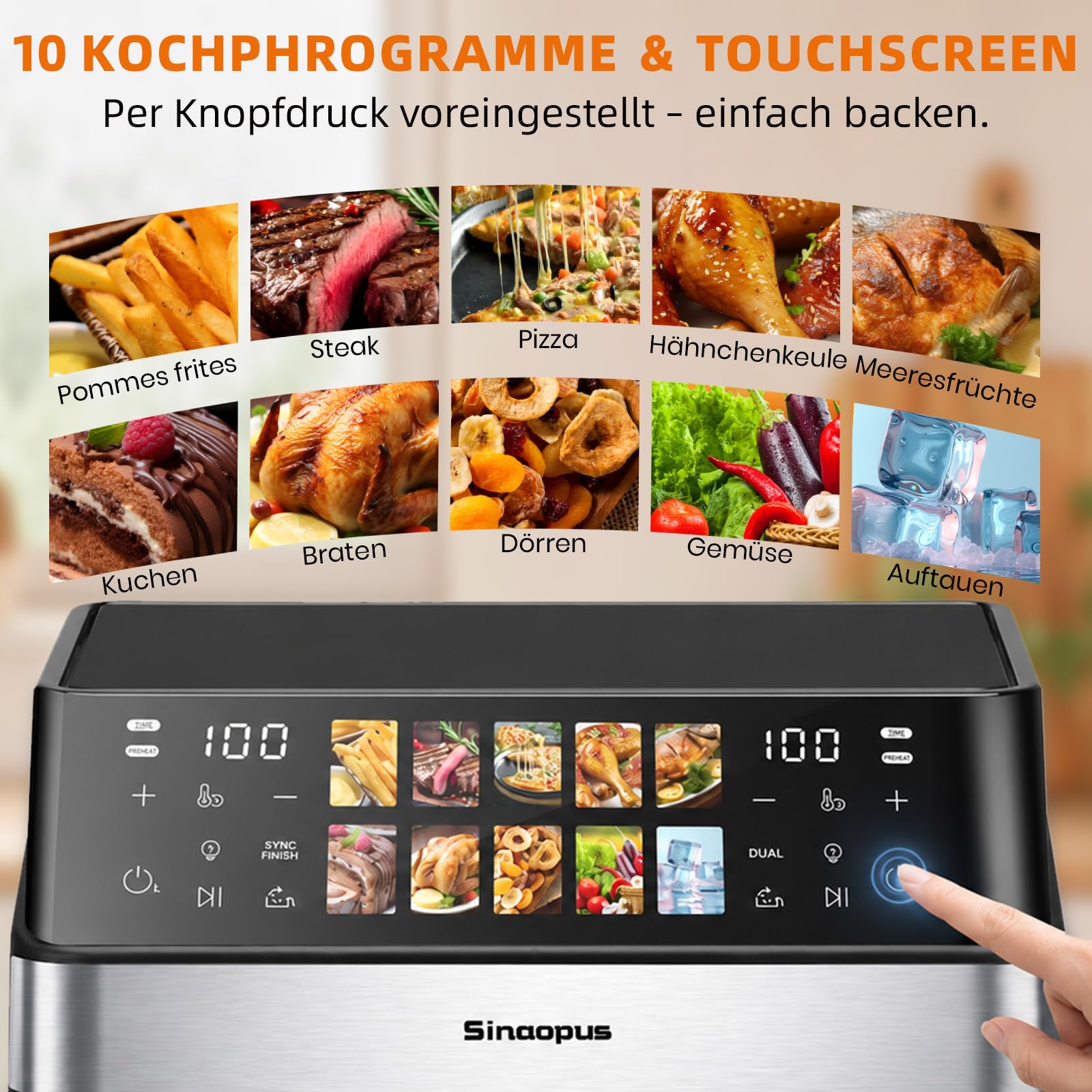Air Fryer 9L 2000 W, Heißluftfritteuse 2 Kammern mit kühlem Griff | Digitaler Touchscreen, Sichtfenster, Sync Finish, Dual Cook, abnehmbare Trennwand, XXL, 903A