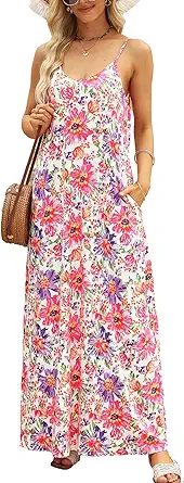 Supnier Women's Summer Casual Floral Bohemian Spaghetti Strap Maxi Dress with Pockets