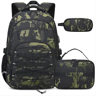 ACESAK 3PCS Camo Backpack for Boys with Lunch Box Pencil Case | Camo Tactical Military Backpack Bookbag for Teens Kids Elemen