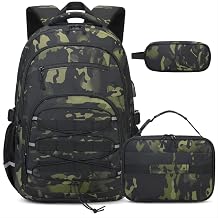ACESAK 3PCS Camo Backpack for Boys with Lunch Box Pencil Case | Camo Tactical Military Backpack Bookbag for Teens Kids Elementary Middle High School with USB Charging Port (Camo Black)