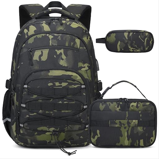 ACESAK Camo Backpack for Boys, Tactical Kids Backpack Boys, School Bags for Boy Children Teens Kids Elementary Middle High School, Military Bookbag and Lunch Bag Pencil Case Set with USB Charging Port