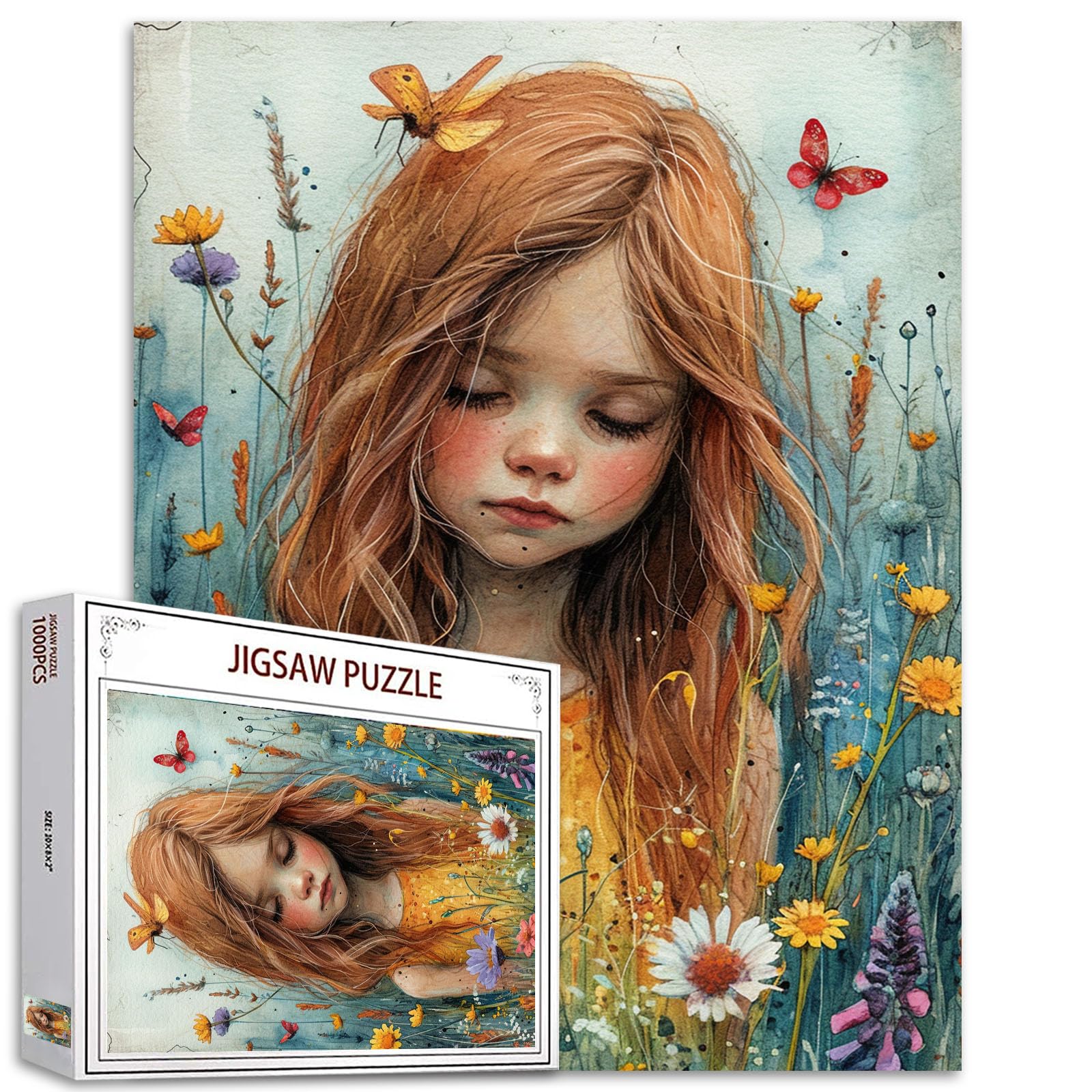 Girl Flowers Jigsaw Puzzle Girl with Colorful Butterflies 1000 Piece Jigsaw Puzzles for Adults Challenging Family Activity Game DIY Puzzle Home Decor 20 x 27 Inch