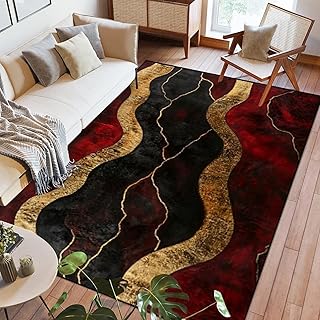 Area Rug Red Abstract Marble Burgundy Black Malachite Gold Veins Aesthet...