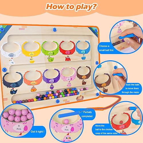 Miniatura 4 de Btolin Laberinto magnético de color y número, rompecabezas de madera magnético, juguetes Montessori para niños pequeños, divertido juego de