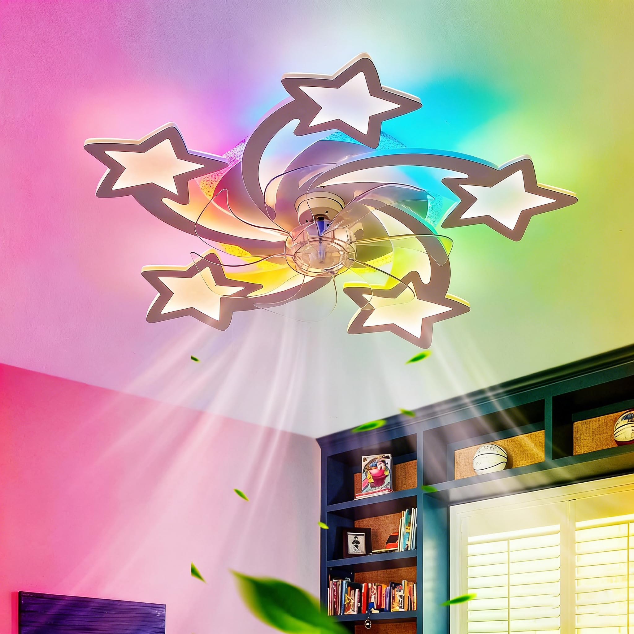 RGB Lampadario Con Ventilatore Da Soffitto Con Telecomando APP, Bambino Cameretta Lampadario Ventilatore Reversibile 6 Velocità Dimmerabile Ventola Soffitto Con Luce Memoria Silenzioso Bianco