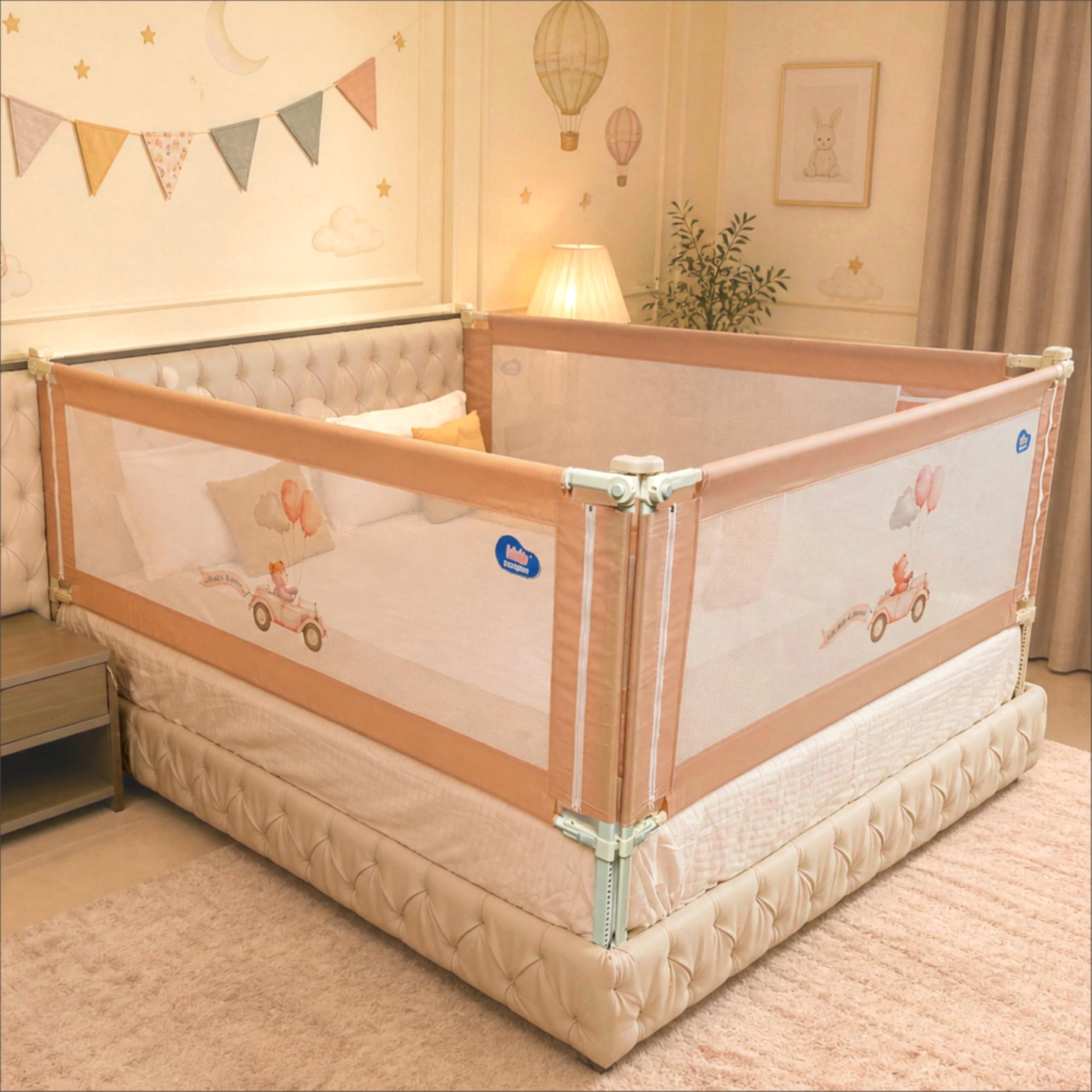 Kids Station 3 Side Premium Bed Rail Guard (6ftx6ftx6ft / 180cmx180cmx180cm), Bed Railing for Baby Safety, Kids Toddler Bed Protector Side Walls, Adjustable Height, Portable & Foldable (Beige)