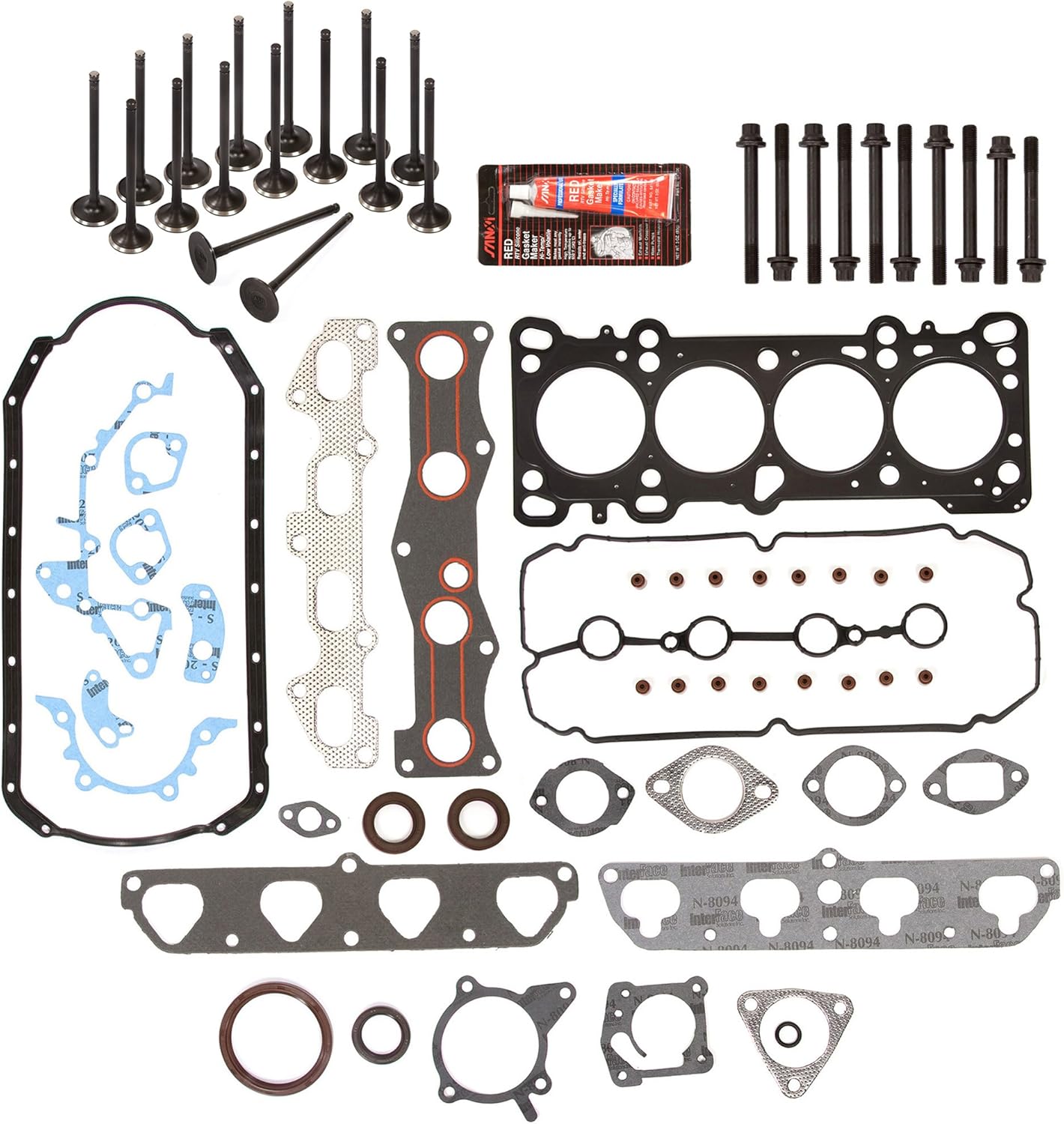 Evergreen FSHBIEV6029L Full Gasket Set Head Bolts Intake Exhaust Valves Compatible With 03-05 1.6L Kia Rio DOHC 16V A6D