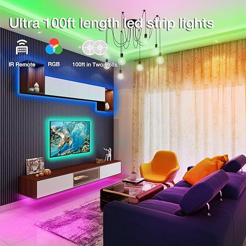 Vista 2 de DAYBETTER - Luces led de 100 pies, tira de luces led con control remoto de 44 teclas, fuente de alimentación de 24 V, luz led que cambia
