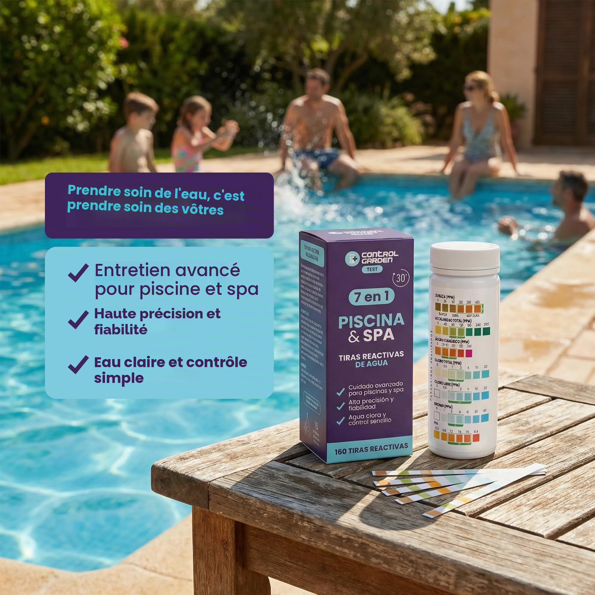 Control Garden Lot de 160 bandes pH réactives 7 en 1 | Test piscine et spa | Testeur de pH, chlore libre et total, brome, alcalinité, dureté, acide cyanurique, eau de bain, analyse 30 s, contrôle