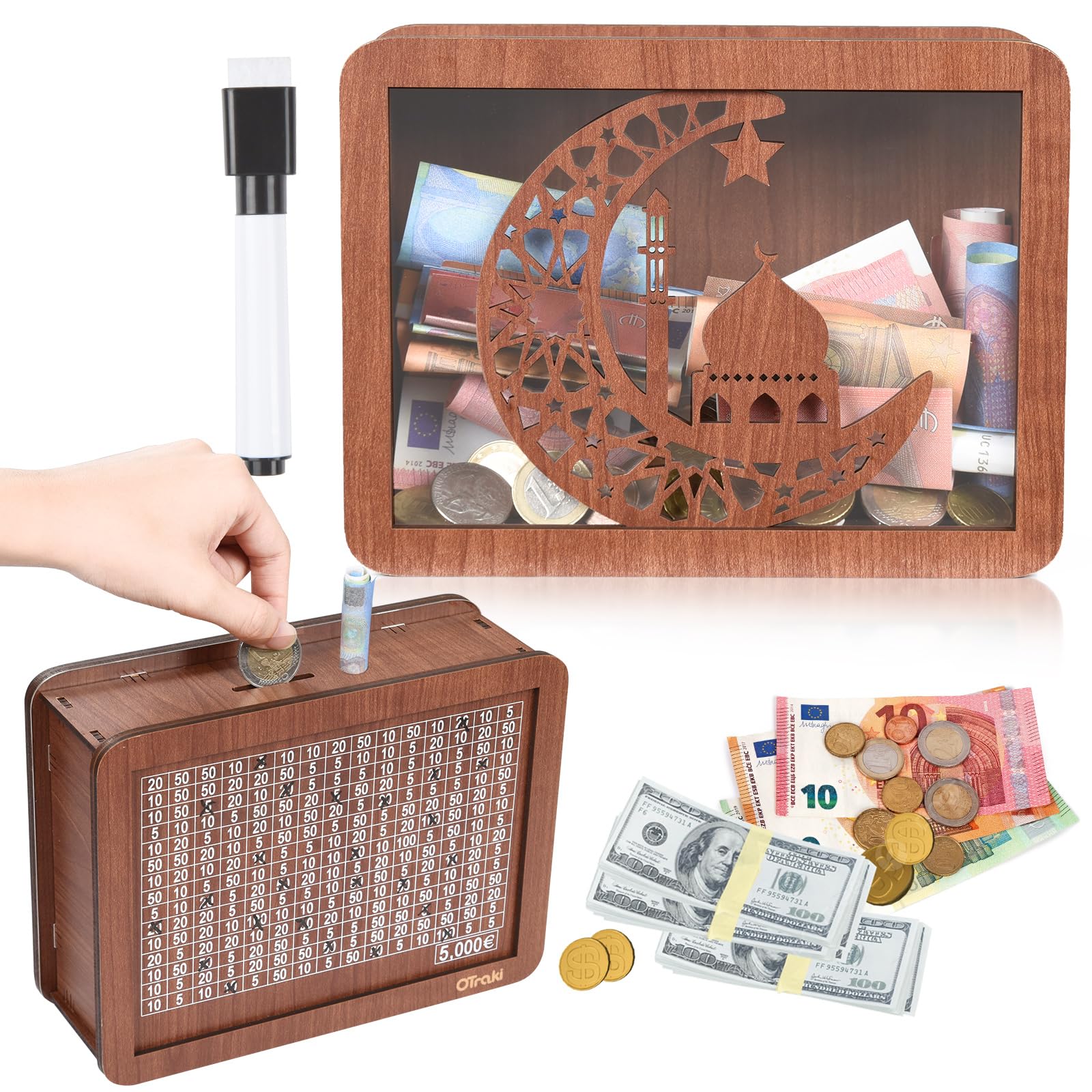 OTraki Wooden Money Box With Counter, 5000 Money Saving Box With Erasable Pen Personalised Cash Wooden Savings Box Coin Banknote Money Saver Challenge Money Box Wooden for Girls Boys
