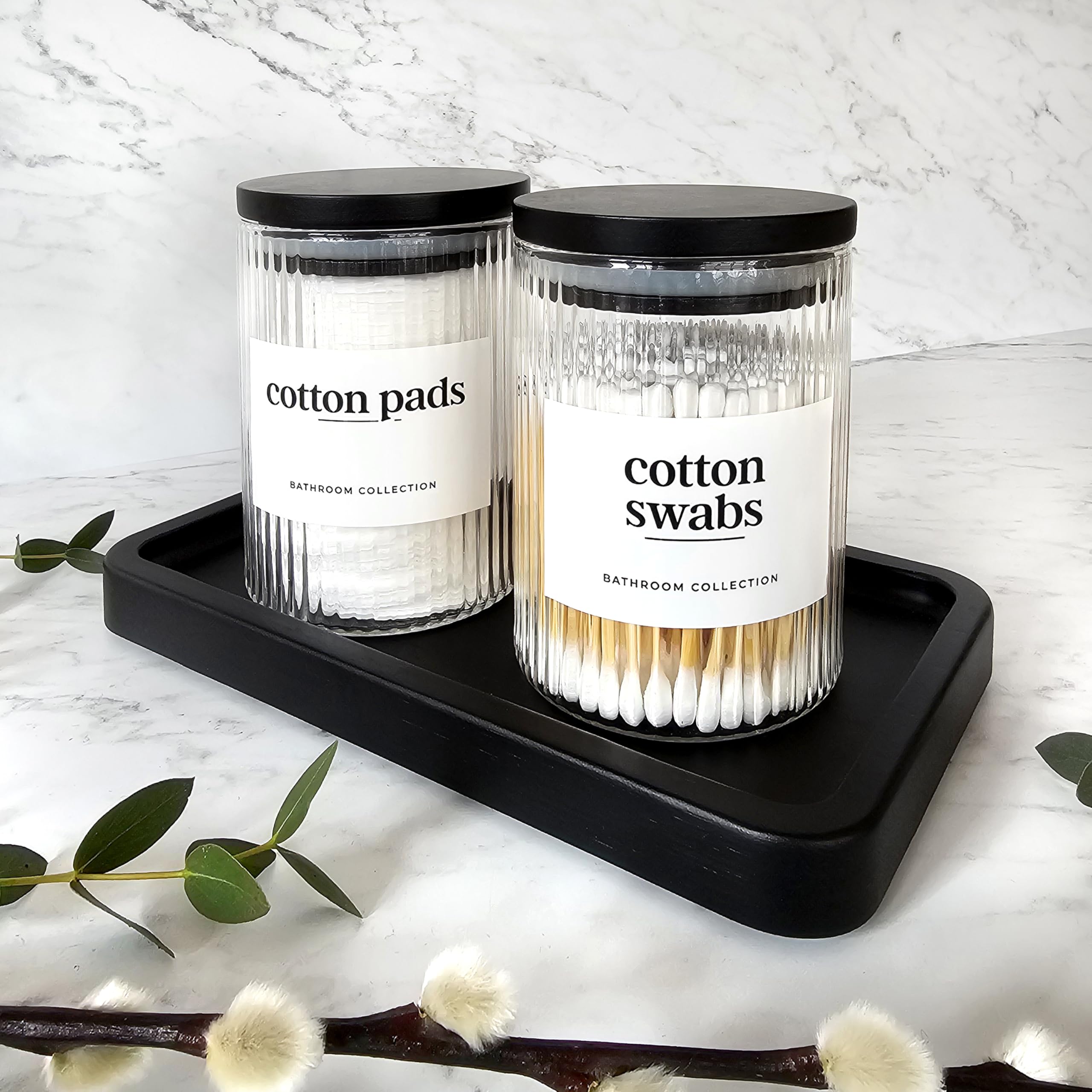 Mason & Fable Ribbed Glass Bathroom Jars with Airtight Black Bamboo Lids, 10 Fl.oz (300ml) - 2 Pack With Tray, 10 fl.oz-300ml - Image 4