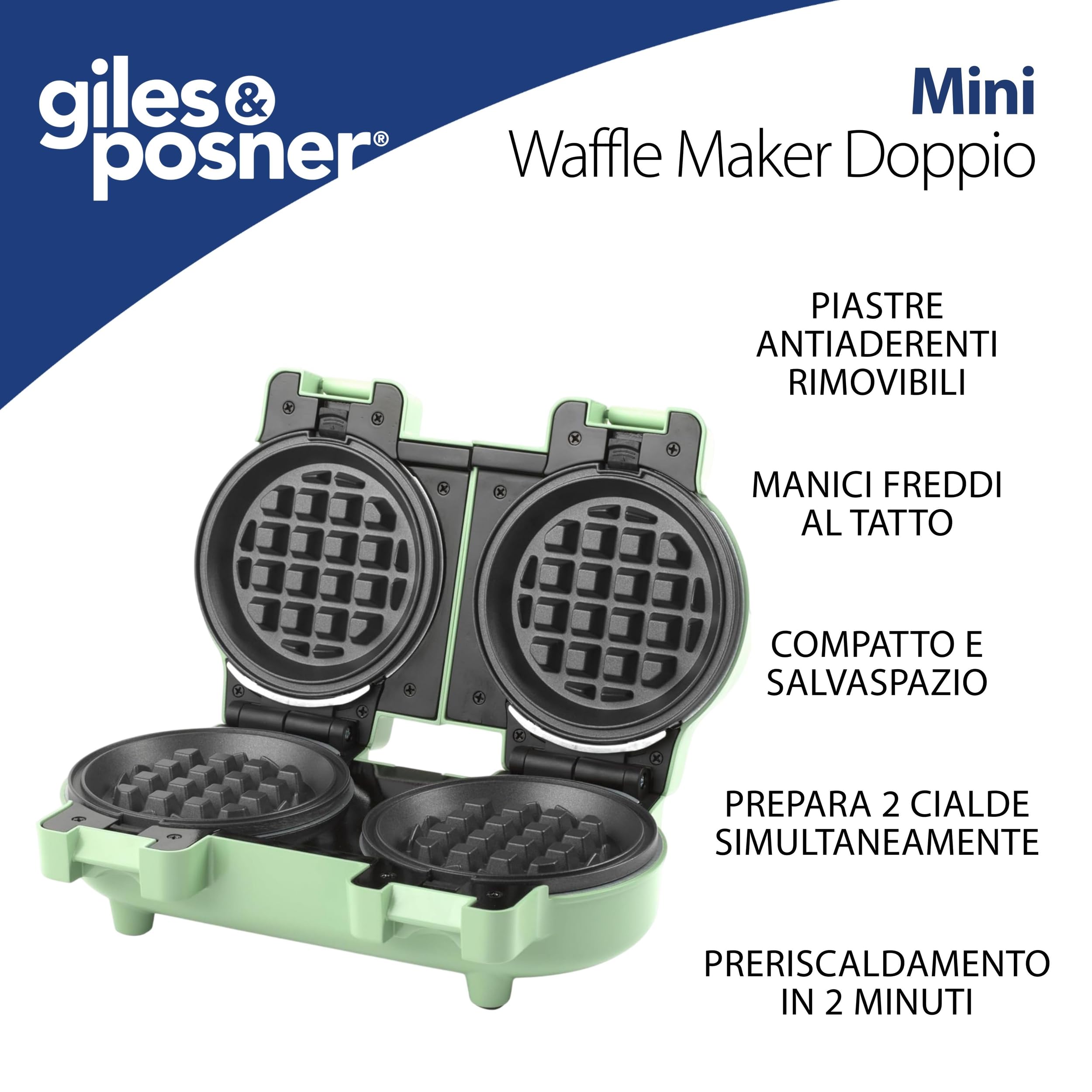 GILES & POSNER Double Mini Waffle Maker – Macchina per waffle antiaderente, snack dolci/salati, compatta, piastre rimovibili da 11,5 cm, waffle stile americano, verde pastello, 1100 W