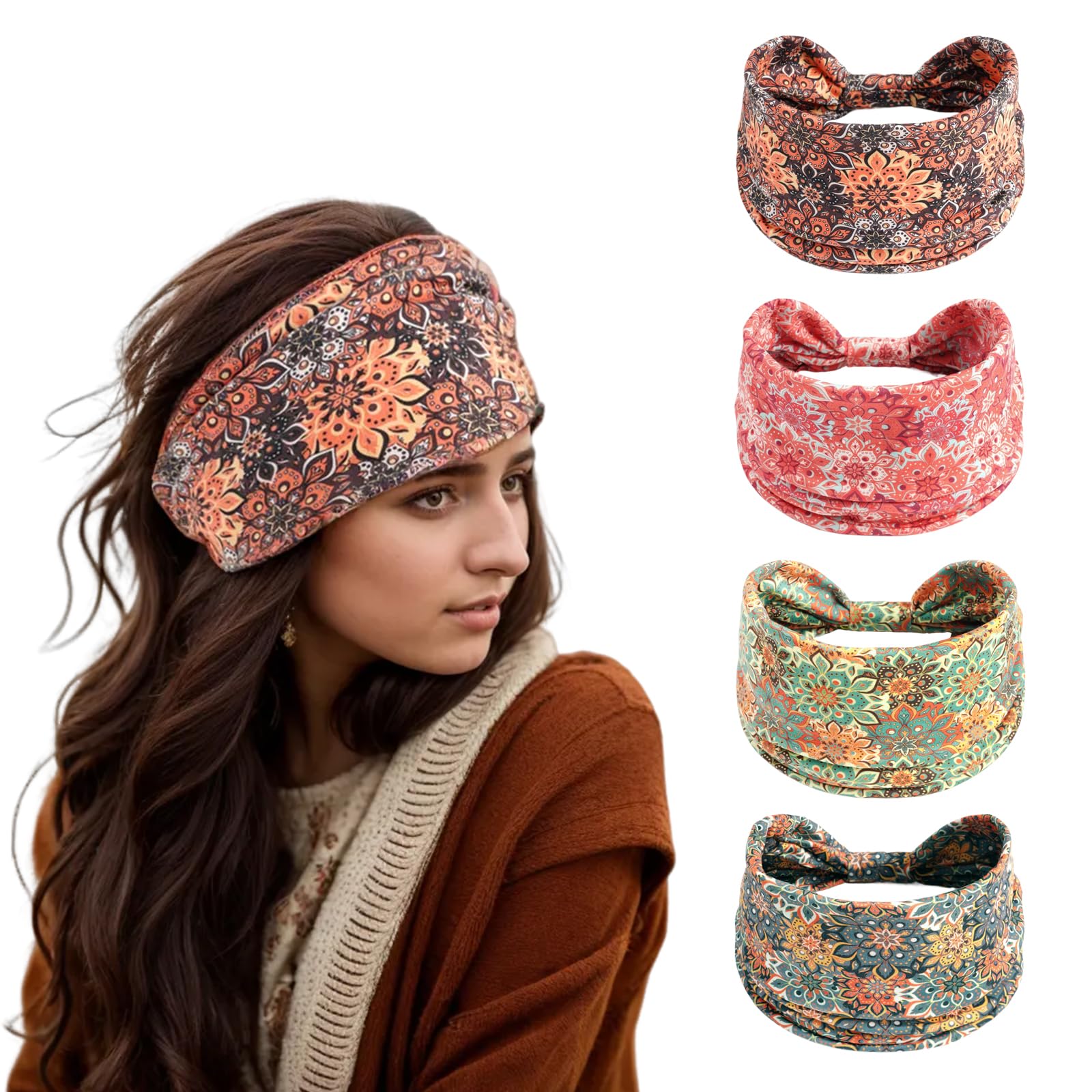 Bomeirc 4 Pack Boho Headbands Stretch Paisley Print Bandana Headband Criss Cross Hair Bands Knotted Head Wrap Yoga Daily for Women and Girls (