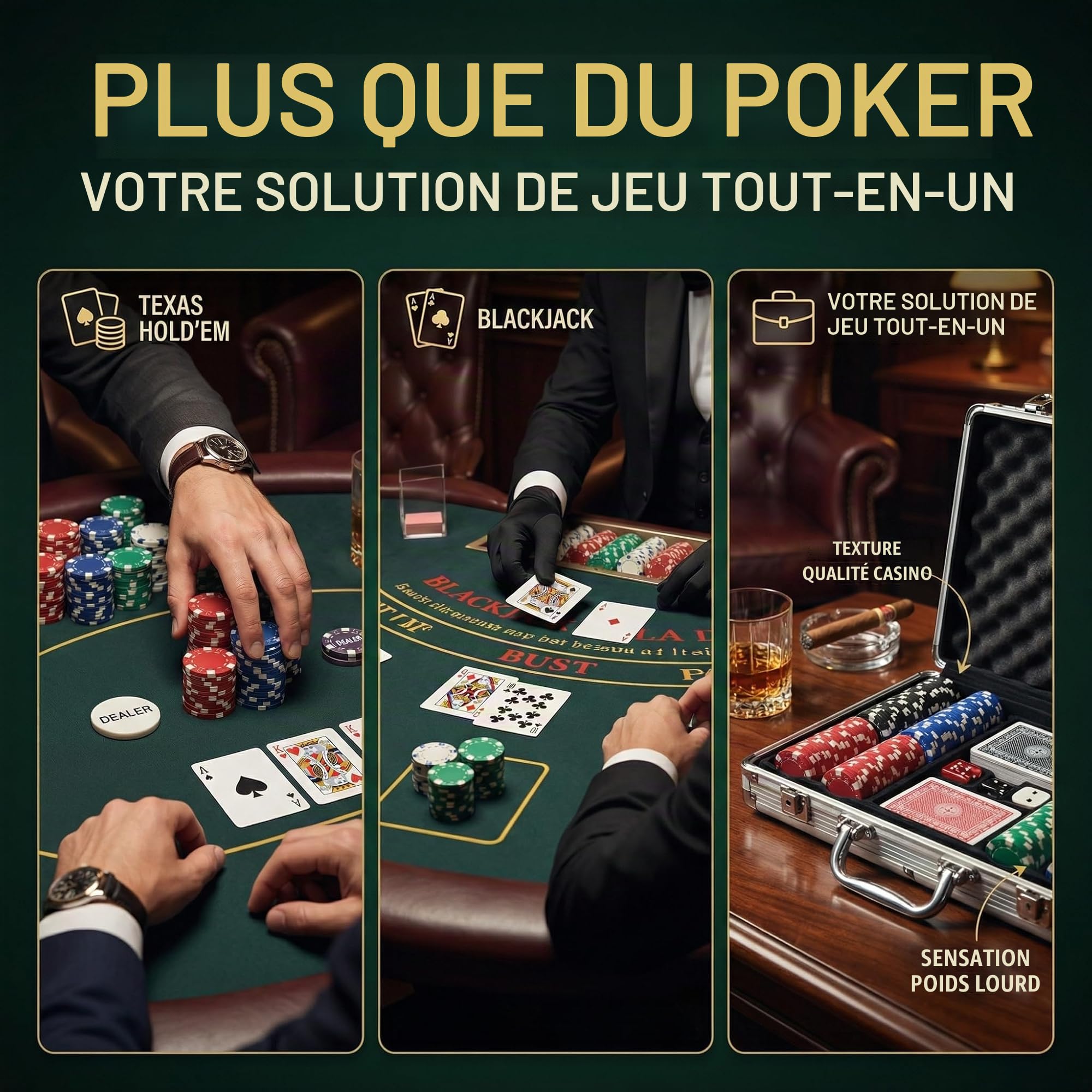 HEITOK Mallette de Poker 300 Jetons Sans Valeur 11.5g Texas Holdem au Casino
