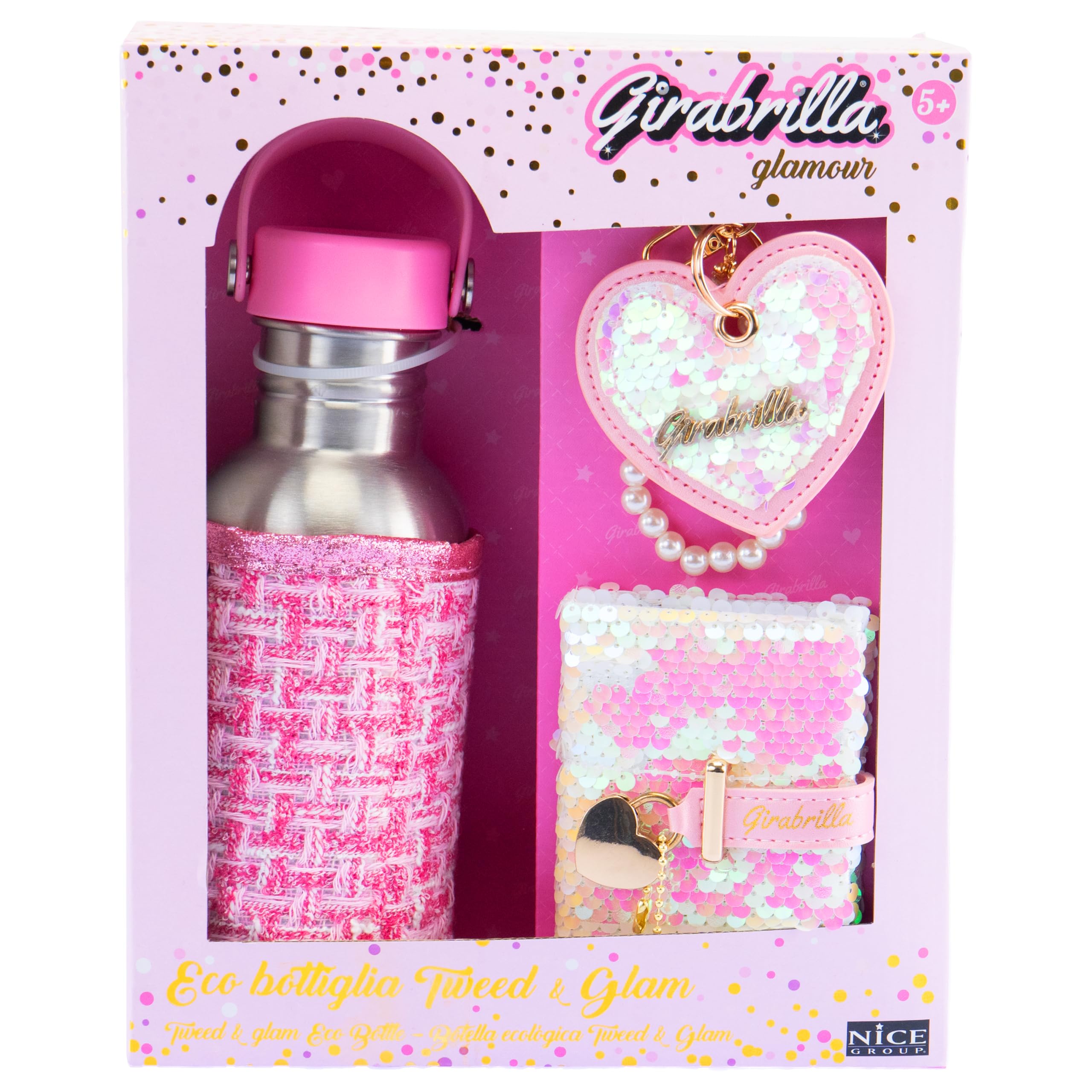 Girabrilla Borraccia Tweed Set, 1 Confezione con Agenda, Ciondolo a Cuore e Eco Bottiglia