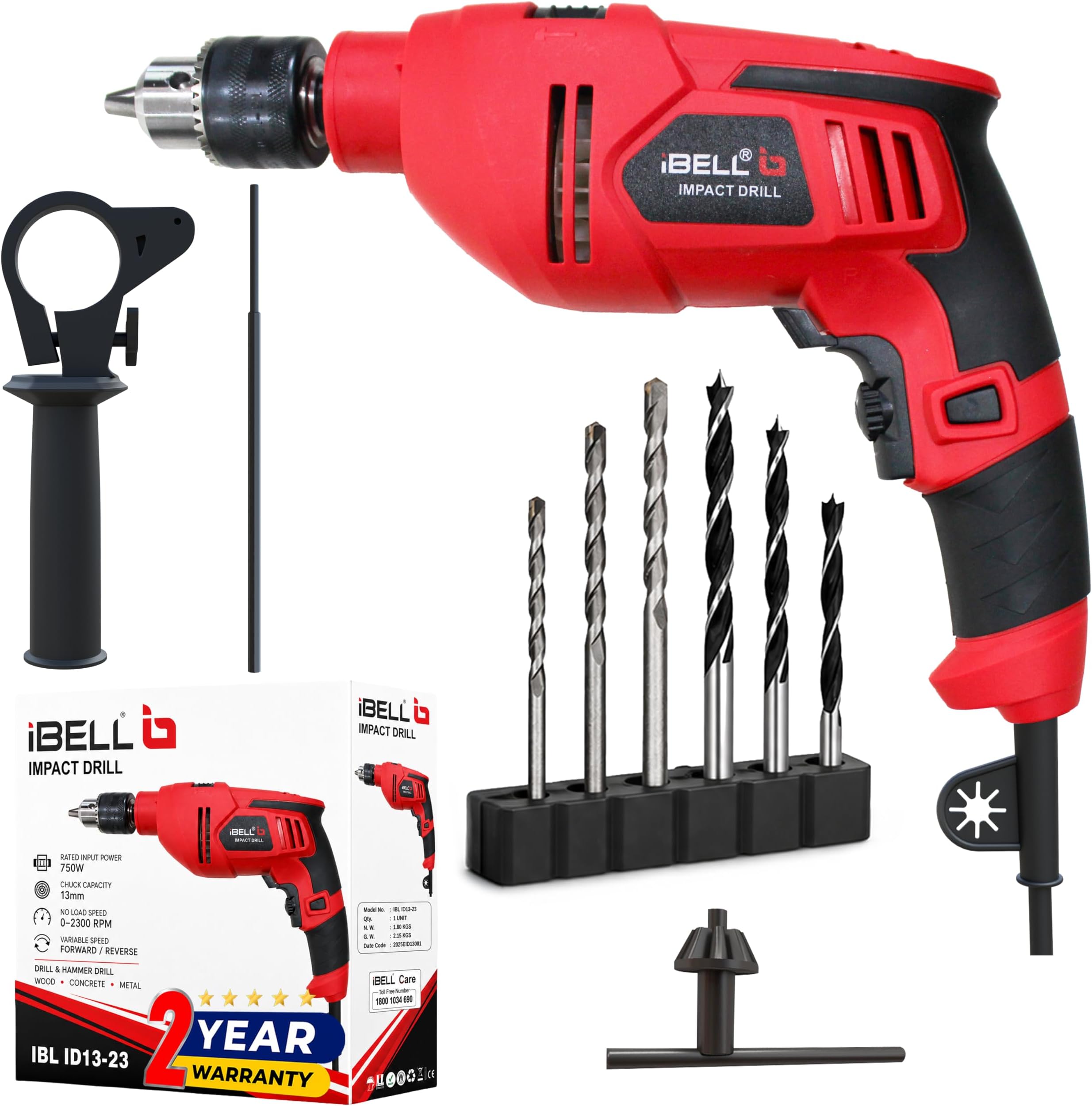 iBELL Impact Drill ID13-23, 750W, Copper Armature, Chuck 13mm manual, 0-2300 RPM, 2 mode selector, Forward/Reverse with variable speed