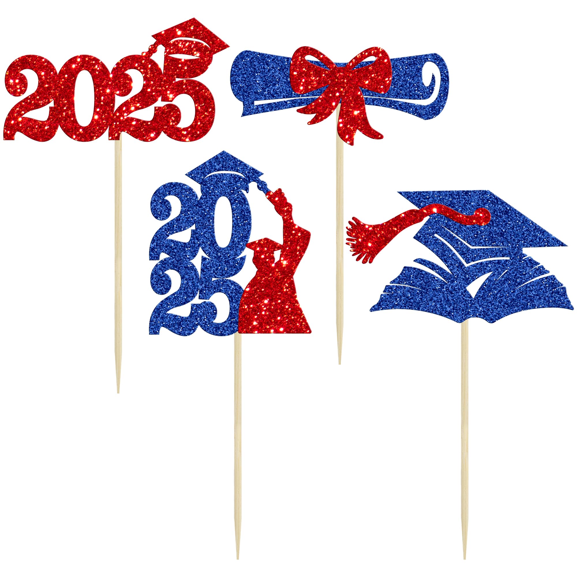 Gyufise 36Pcs 2026 Graduation Theme Cupcake Toppers Glitter Class of 2026 Cupcake Picks Diploma Graduation Cap Cake Decorations for 2026 Graduation Theme Party Decorations Supplies Red Blue - Image 3