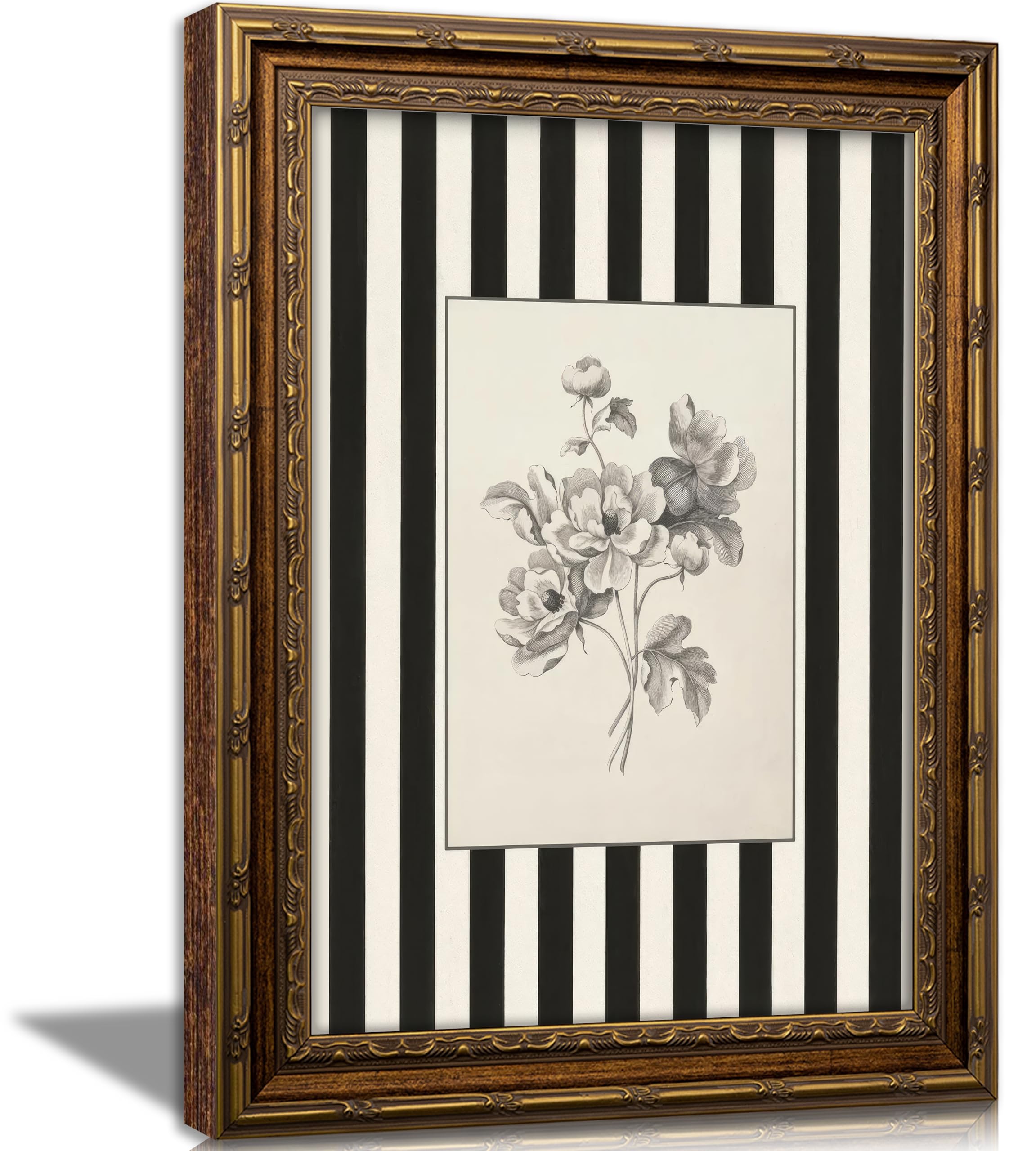 Vintage Gold Framed Stripes Flower Wall Art, Black White Striped Floral Sketch Canvas Prints, Retro Sketch Plant Wall Decor, Rustic Farmhouse Poster Artwork for Living Room Kitchen Bedroom Dining Room, 16x24in