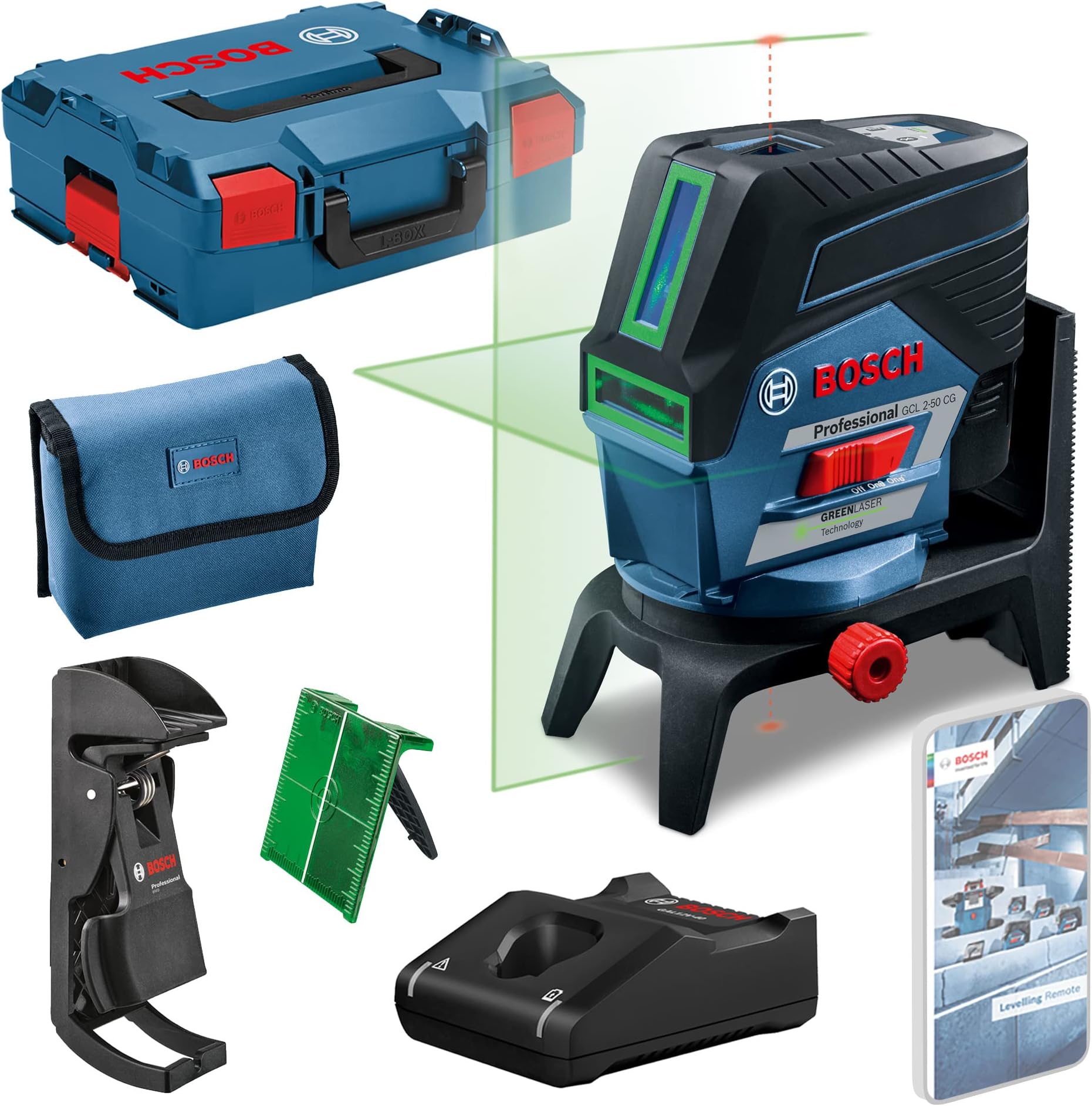 12V System Laser Level GCL 2-50 CG (1 battery 12V + charger, green laser, interior, w/app function, mount, visible working range: up to 20m, in L-Boxx)