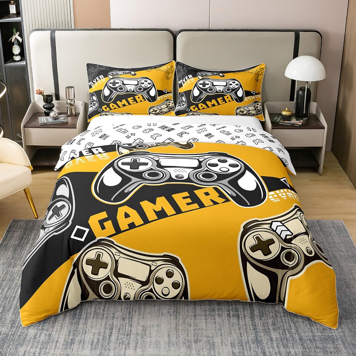 Homewish Parure de Lit 220x240 Enfant Garçon en Coton, Housse de Couette Jeux Vidéo pour Ados, Ensemble de Literie pour Jeux, Housse Couette Console de Jeux, Décoration de Chambre, Orange Noir
