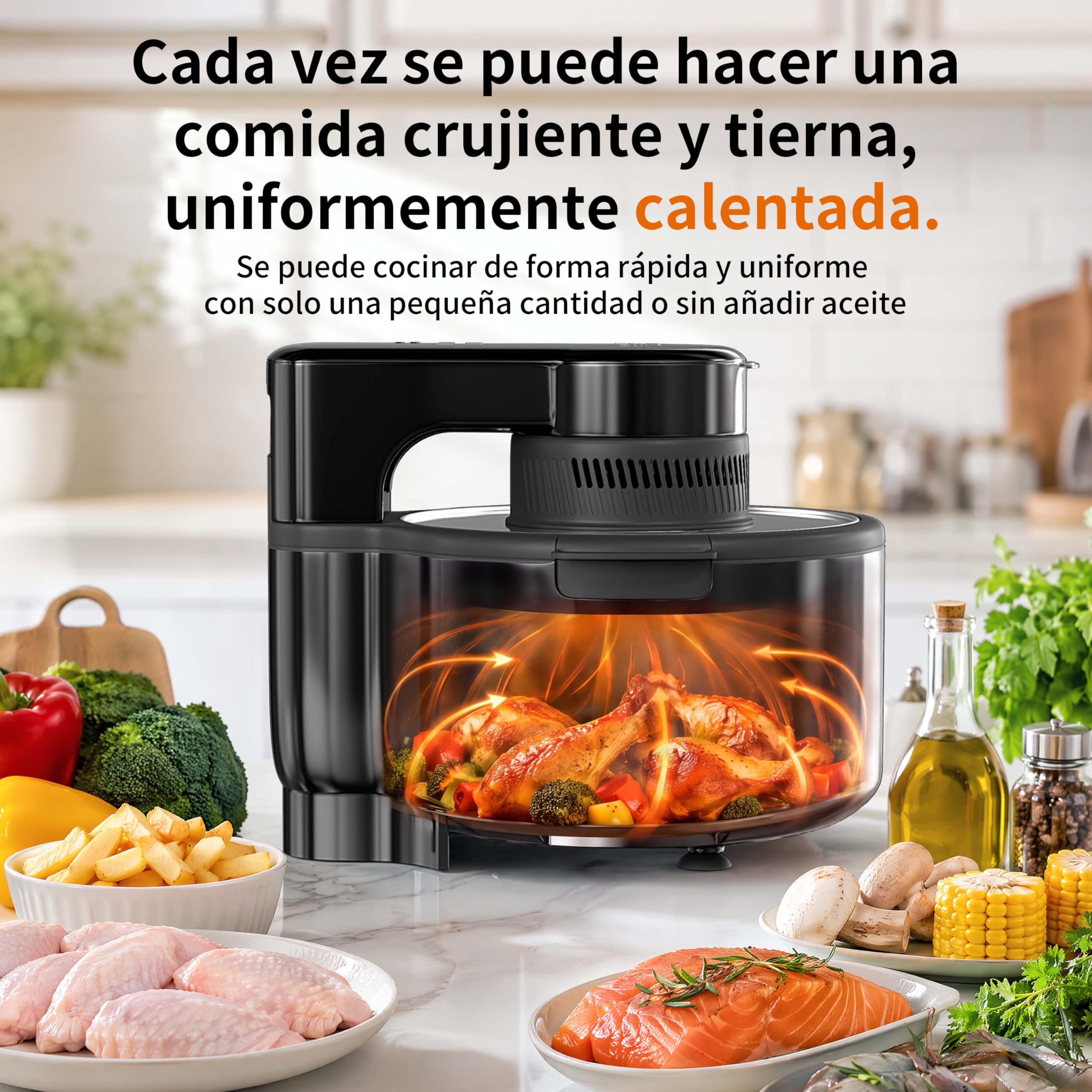 Freidora de Aire sin Aceite 5L,Freidora de Aire portátil de Cristal,Panel Táctil,Tecnología Calefacción Uniforme,Reducción de Grasas para una Vida Saludable (Nergo)