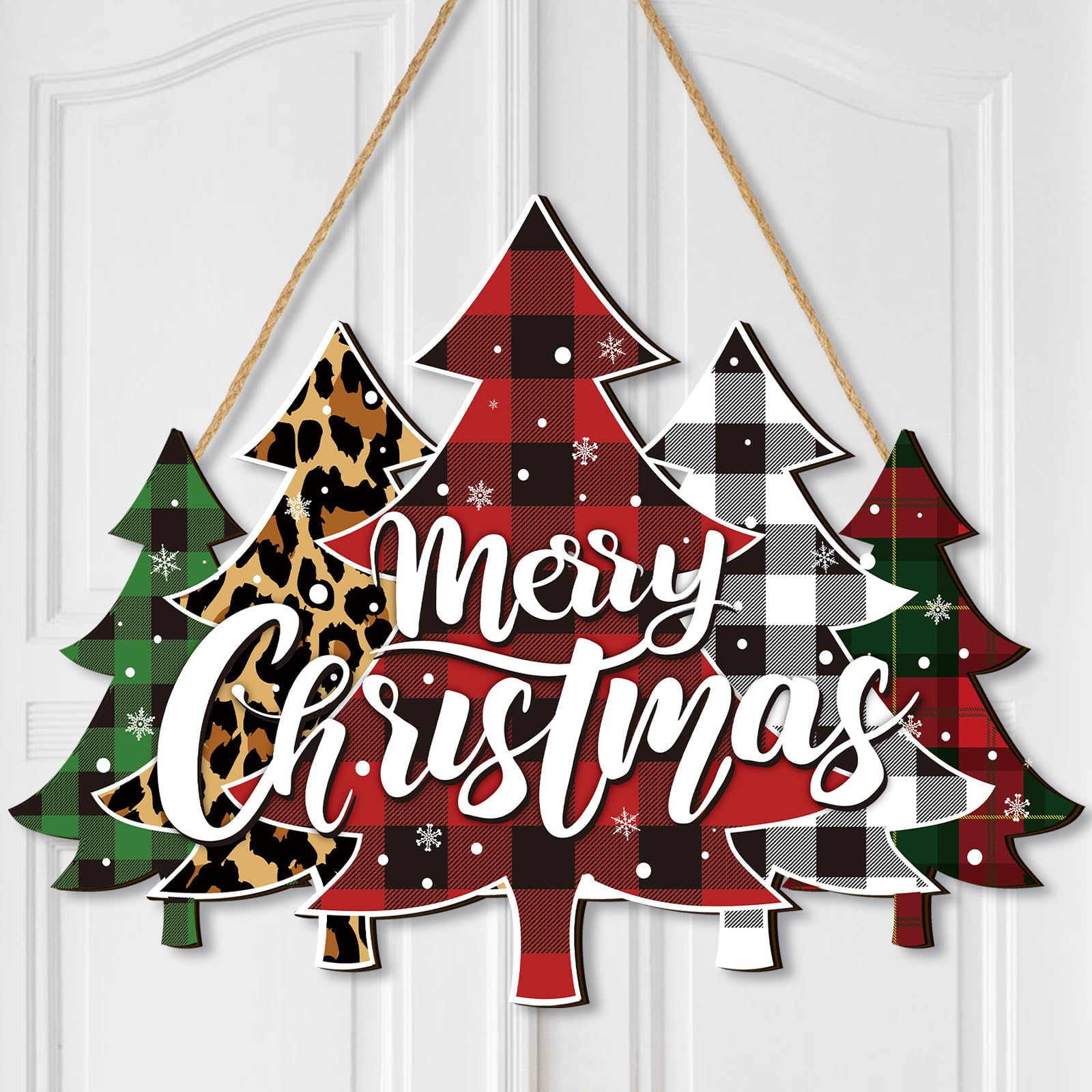BBTO Merry Christmas Door Sign Buffalo Plaid Tree Sign Wood Christmas Decoration Farmhouse Hanging Plaque for Porch Farmhouse Xmas Front Door Home Outdoor Decor (Classic Tree Style)