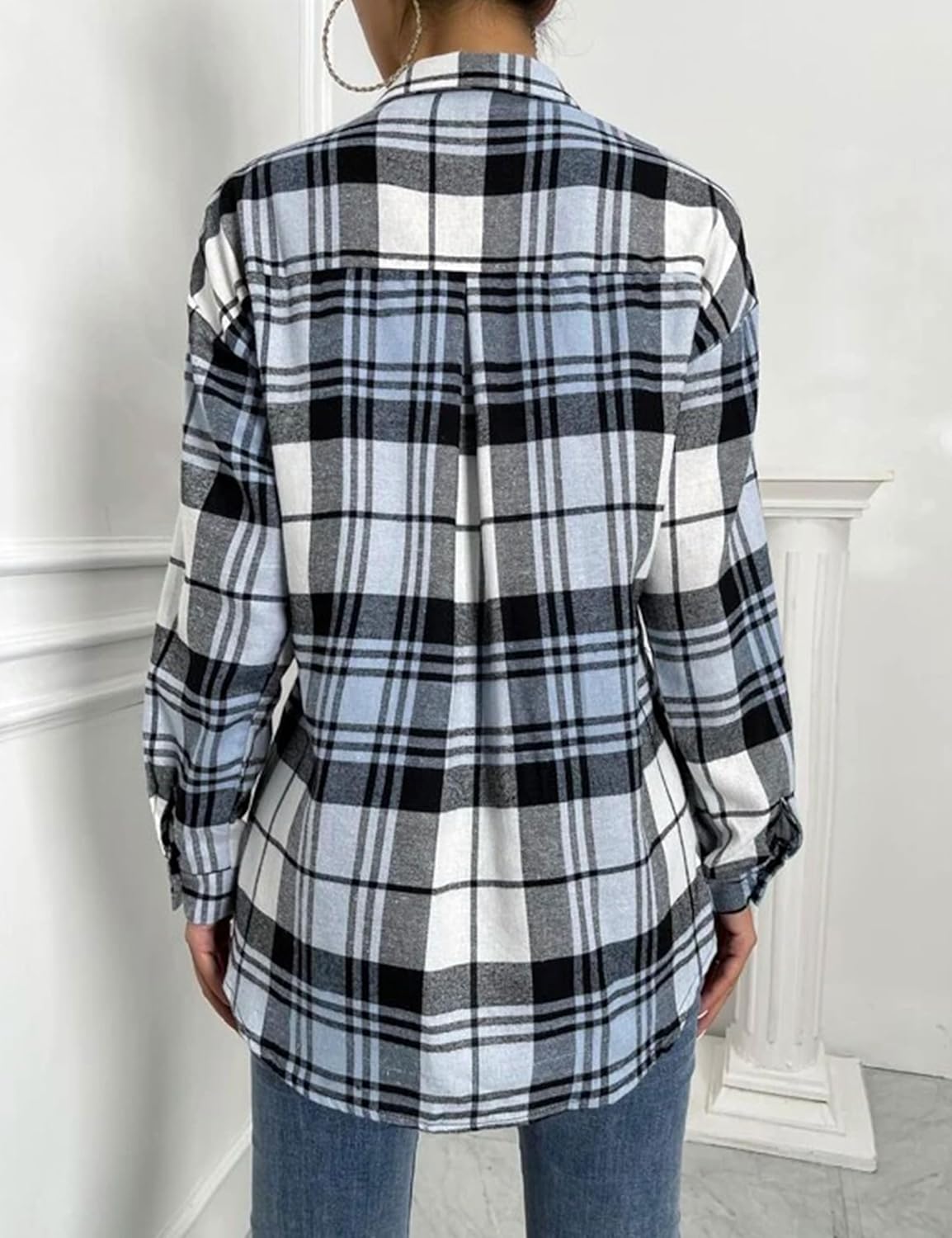 Womens Fashion Flannel Buffalo Plaid Shirt Button Down Long Sleeve Casual Loose Collared Shirts Blouse Top(0258-Blue-1-XL) - Image 4