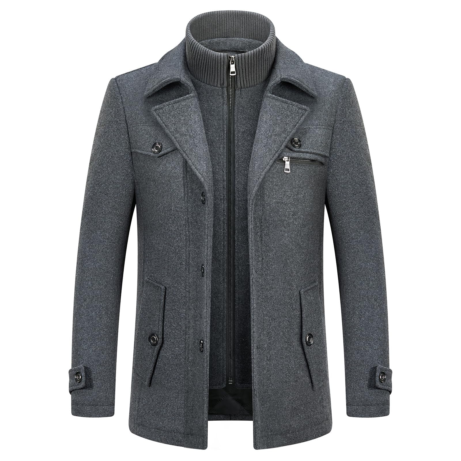 KUDORO Cappotto da uomo in Lana Caldo Metà Lungo Inverno Trench Coat Slim Fit Classico Parka Soprabito Caban Business Elegante Duffle-Coats Antivento Revers Overcoat, 1 grigio, M