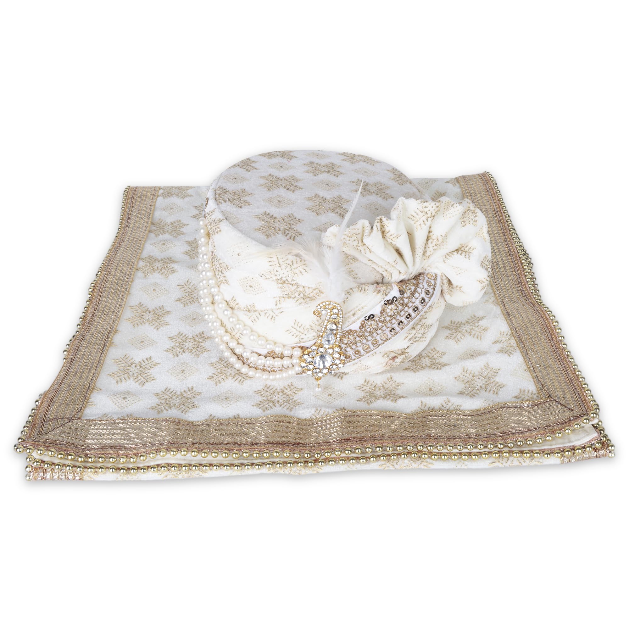 fashion weds Men Cotton Blend Printed Groom's Safa Shawl Stole Set, Wedding Safa/Turban with Stole, Dulha Groom Pagdi Dupatta (Off-White)-picture-39