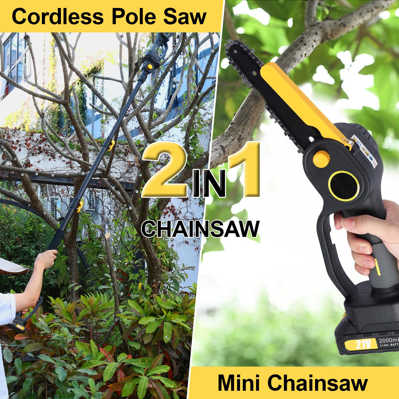 2-in-1 Electric Pole Saw & 8" Chainsaw - Cordless, 21V Battery, Brushless Motor, 15ft Reach For Tree Trimming