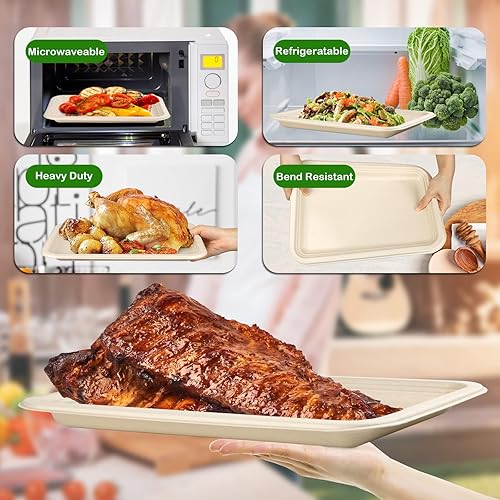 Miniatura 4 de Platos de papel grandes de 14 pulgadas, paquete de 50 bandejas desechables, platos de papel 100% compostables resistentes, platos desechables