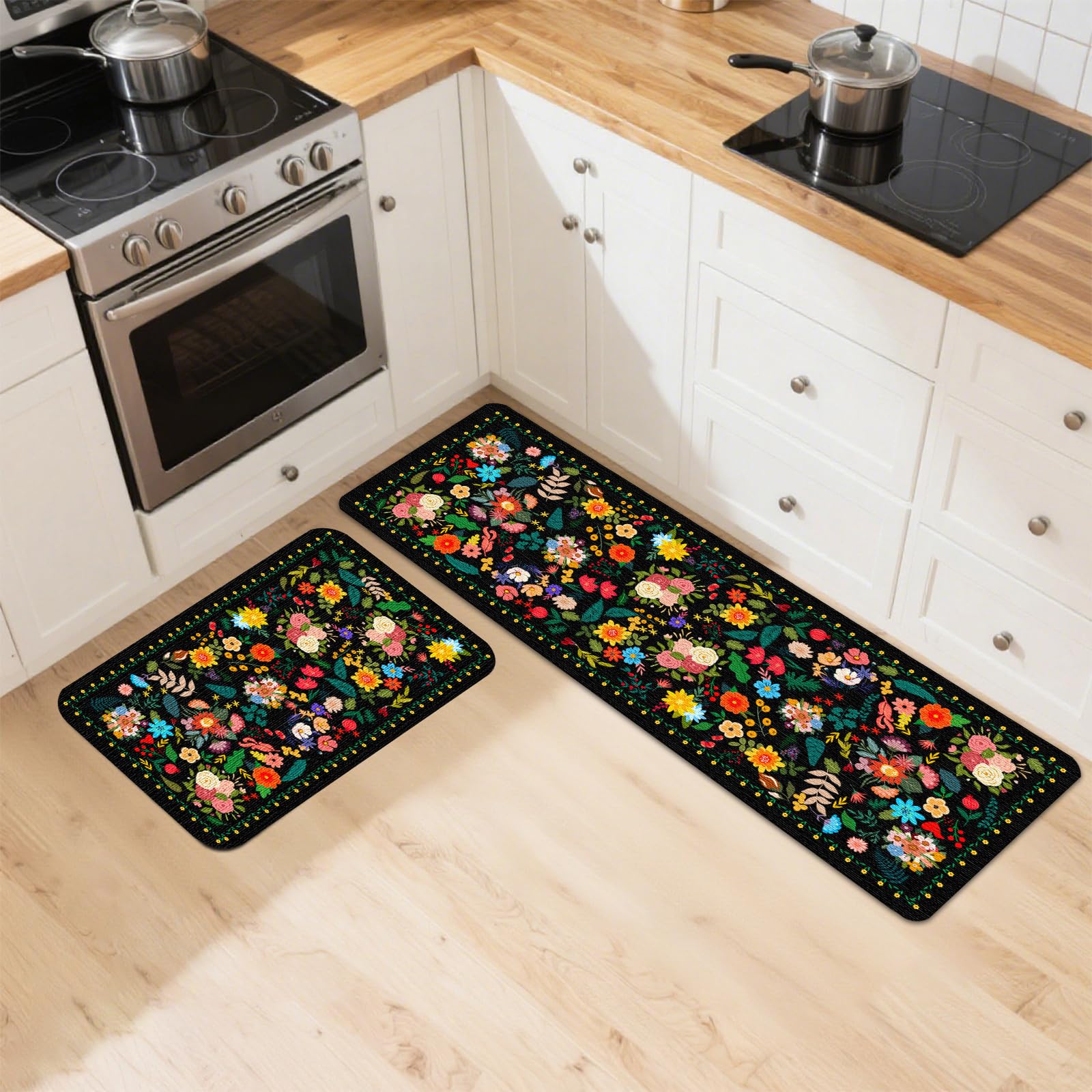 YPAFXLLW Floral Kitchen Mats for Floor 2 Pc,Boho Flower Waterproof Non Slip Cushioned Kitchen Rugs Mat Set of 2. Use for Farmhouse Standing Washable