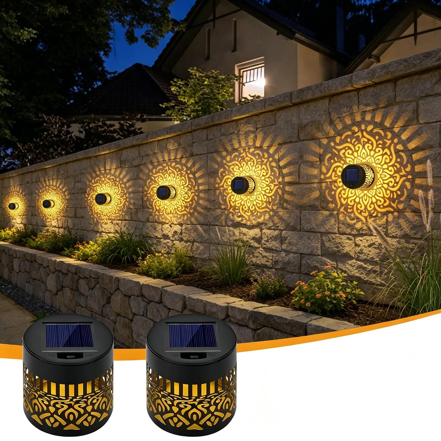 FoxGift Solar Fence Lights Outdoor, Metal Hollowed-Out IP65 Waterproof Solar Wall Art Lights,Projection Dusk Dawn Decorative Lights for Patio Yard Pathway Porch, Gifts for Mom