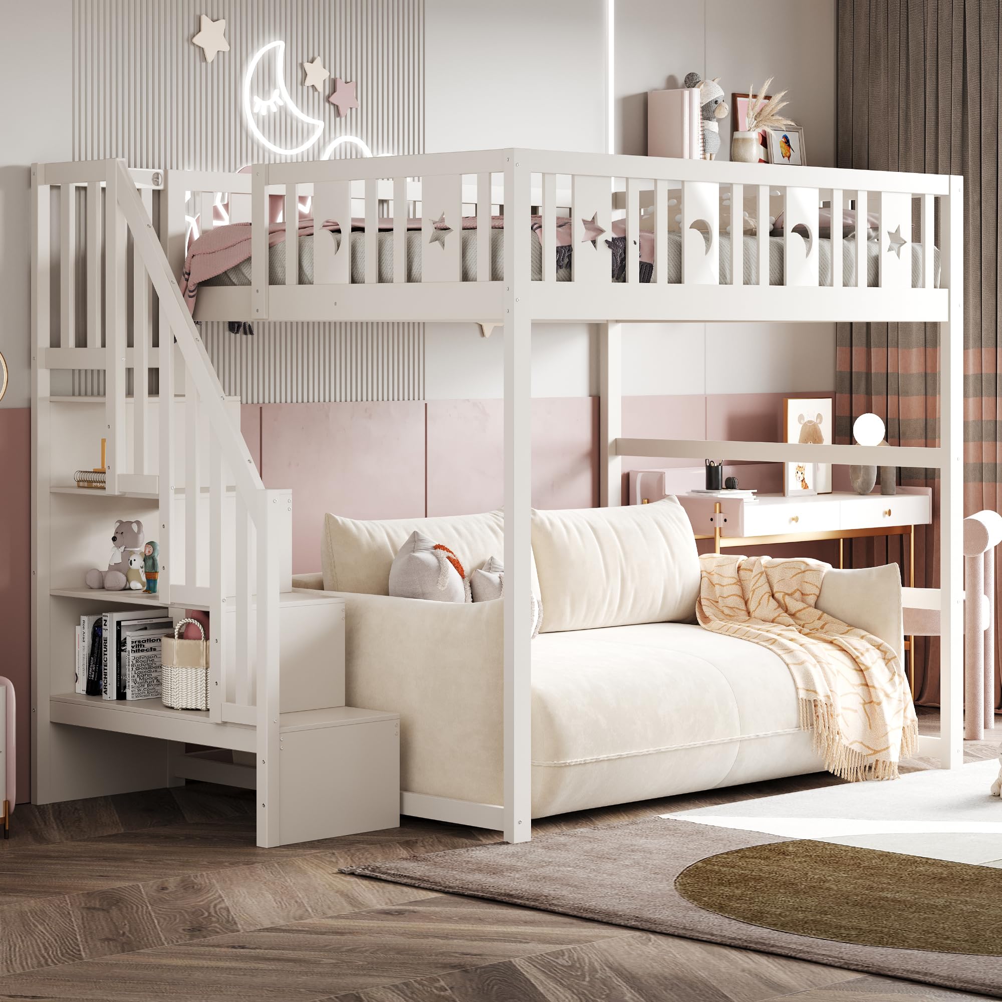 Etagenbett 140x200 cm, Kinderbett mit Treppe | Ohne Matratze, Holzbett mit Stern- und Monddekoration, Bett für Kinder Jugendliche Massivholz Weiß