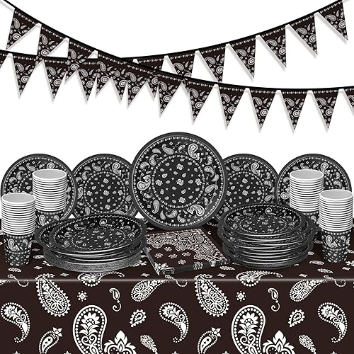 123 piezas de decoración de fiesta de vaquero occidental, incluye 1 mantel de plástico con estampado de cachemira, 2 banderines, 60 platos de papel