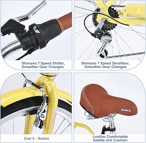 Vista 59 de L-TWOO Bicicleta de crucero de playa de 24 pulgadas/26 pulgadas, bicicleta de paso bajo, elegante bicicleta de 7 velocidades V, bicicleta de crucero