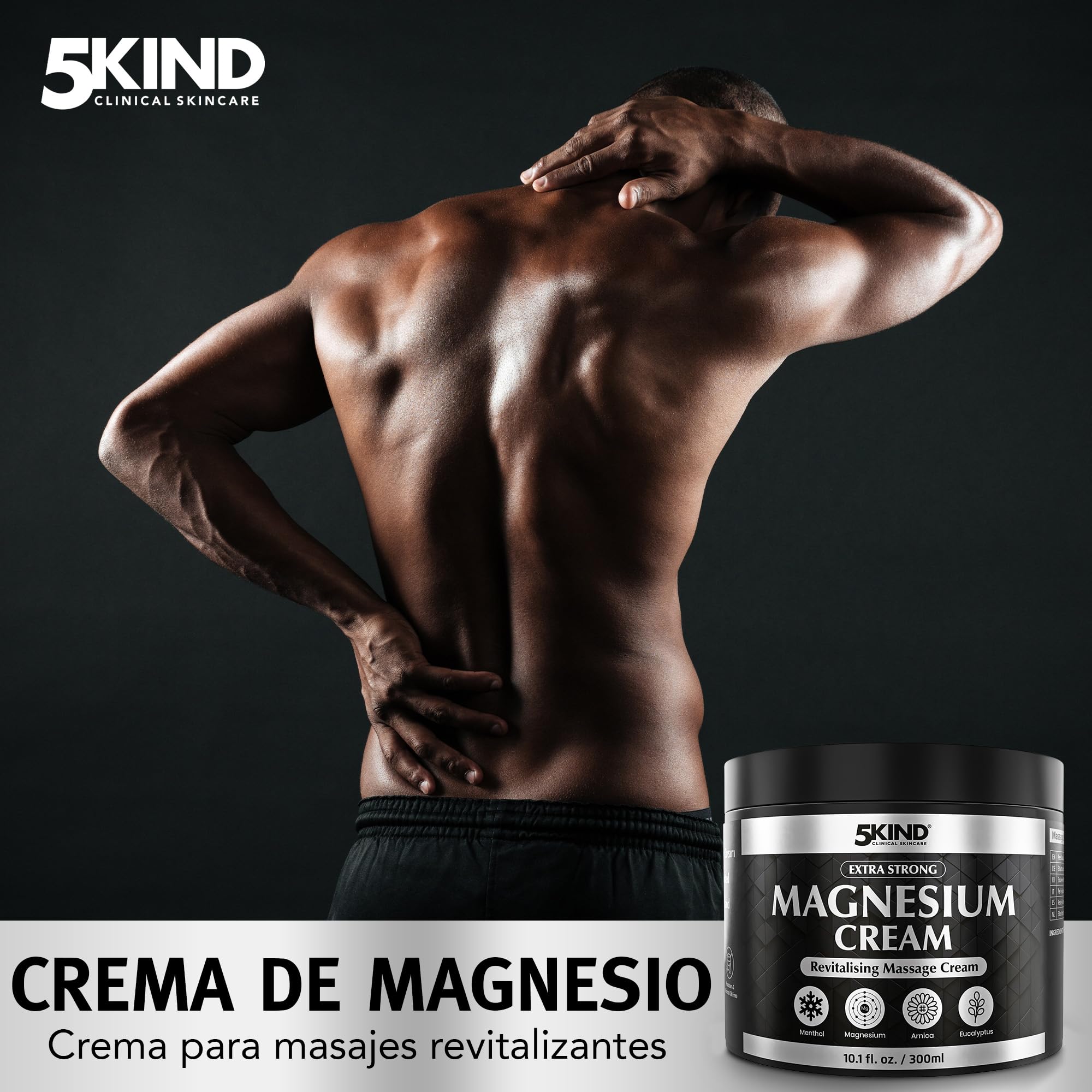 5Kind Crema de magnesio extrafuerte, 300ml - Crema de magnesio para músculos, articulaciones, espalda, rodillas, hombros - Enriquecida con árnica, eucalipto, consuelda, mentol y aceite de cáñamo