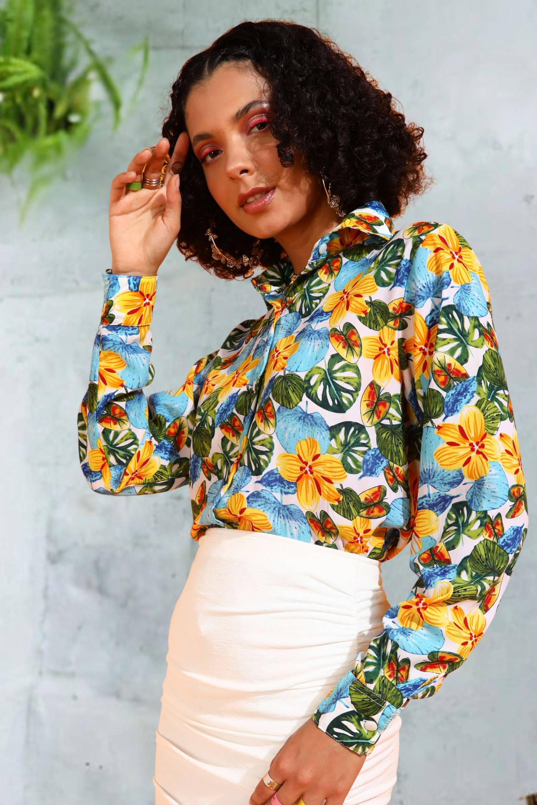 POPWINGS Bedrucktes Hemd mit langen Ärmeln, normale Passform, Polyester, bedruckt, für Damen, stilvolle Western-Freizeitkleidung