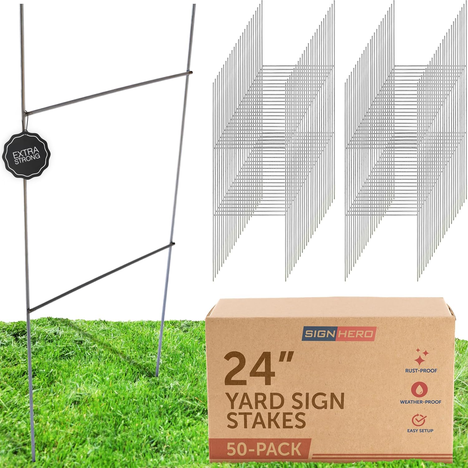 Yard Sign Stakes – Professional, Weatherproof, USA-Made – 24” Tall H-Stakes for Yard Signs, Metal Yard Sign Stake for Corrugated Plastic Signs (50