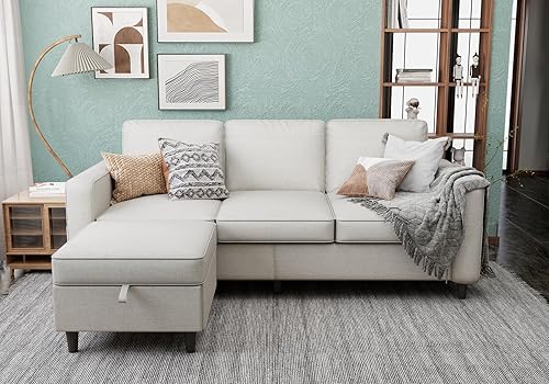 Miniatura 3 de Sofás seccionales para sala de estar, sofá convertible en forma de L, sofás modernos de lino beige de 3 plazas con otomano de almacenamiento, sofá