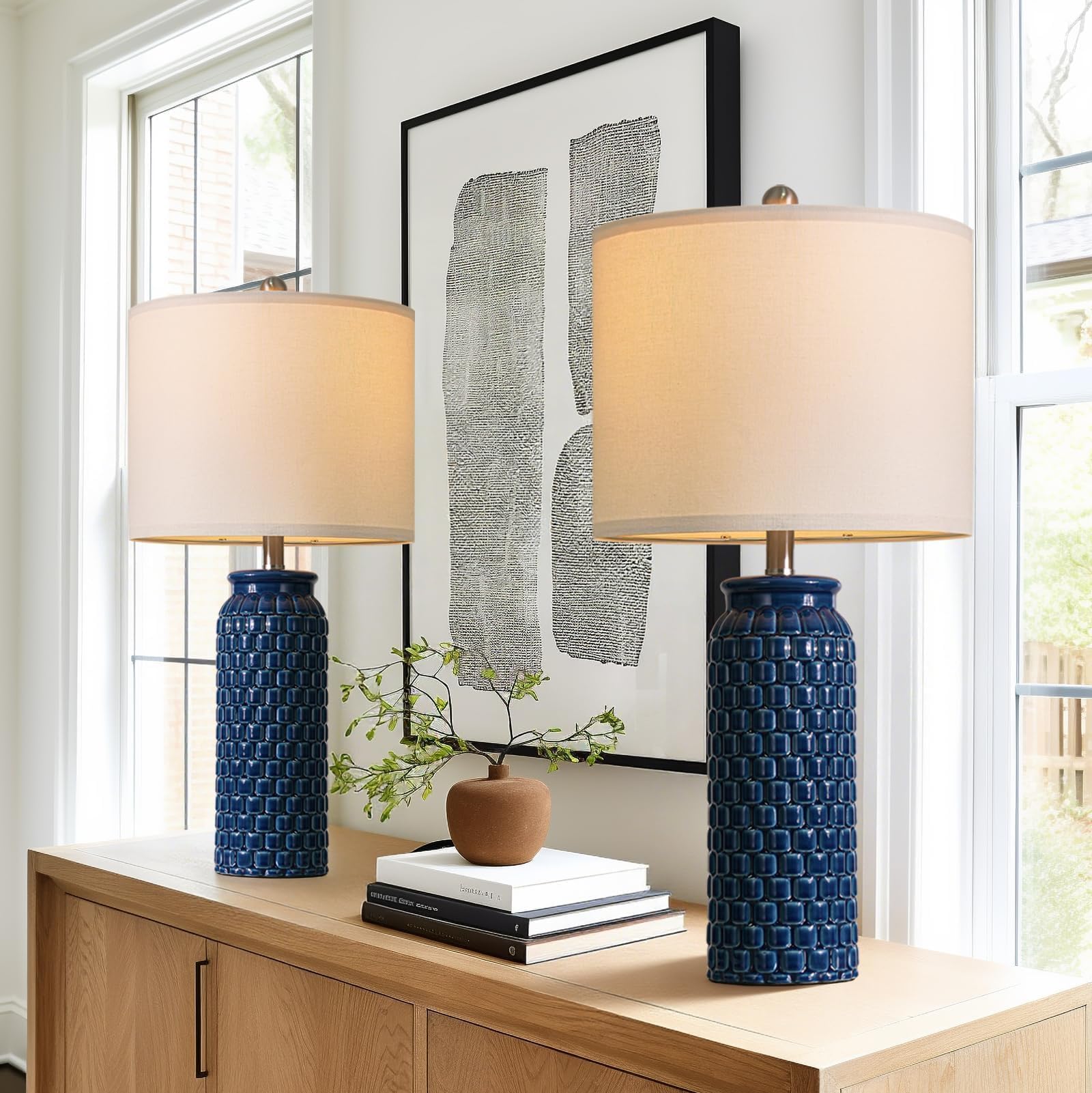 USumkky 27" Ceramic Table Lamps Set of 2 - Modern Farmhouse & Boho Style, Bedside Nightstand Lamps for Bedroom, Living Room End Table Lamps, Small Desk Lamp(Blue) — image 1