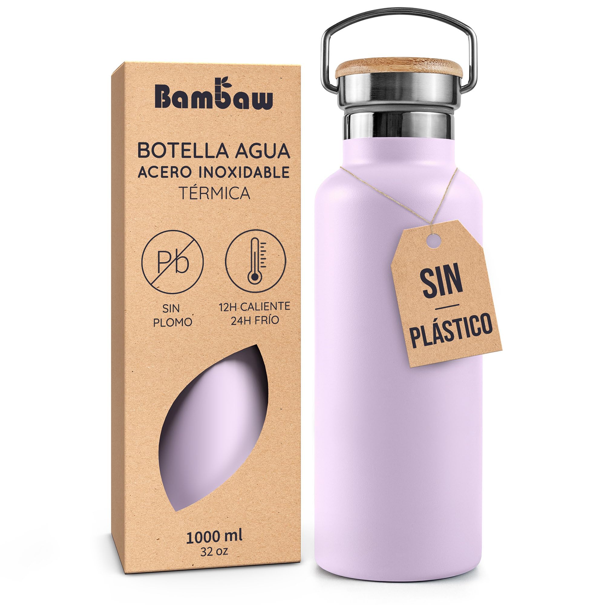 Bambaw Botella Isotermica 1 Litro, Botella Agua Acero Inoxidable Termica para Bebidas Frías y Calientes, Cantimplora Acero Inoxidable 1 Litro Hermética, Garrafa de Agua Termica 1l (Lila Lavanda)